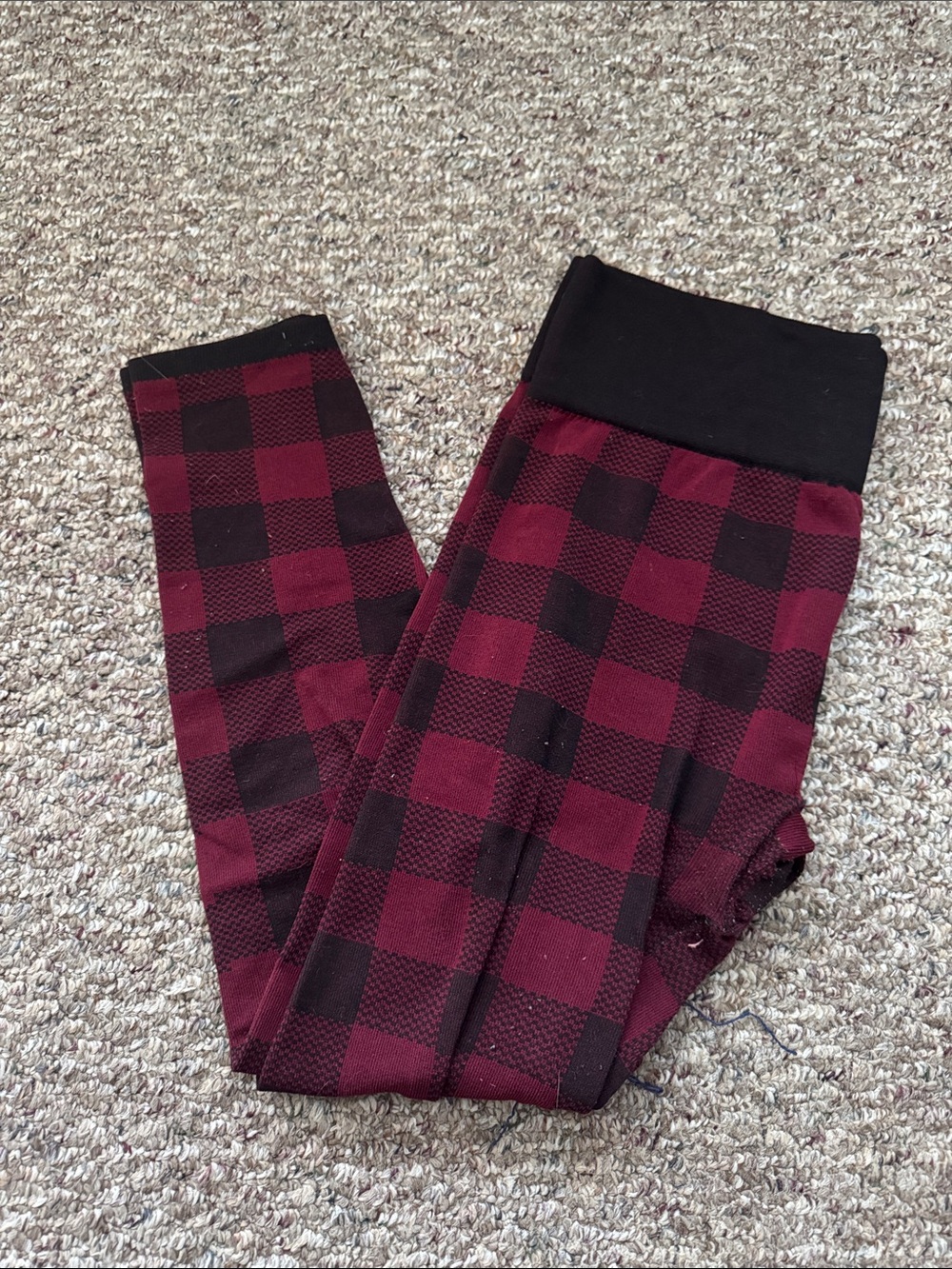 Maurices Burgundy and Black Plaid Leggings with Wide Waistband